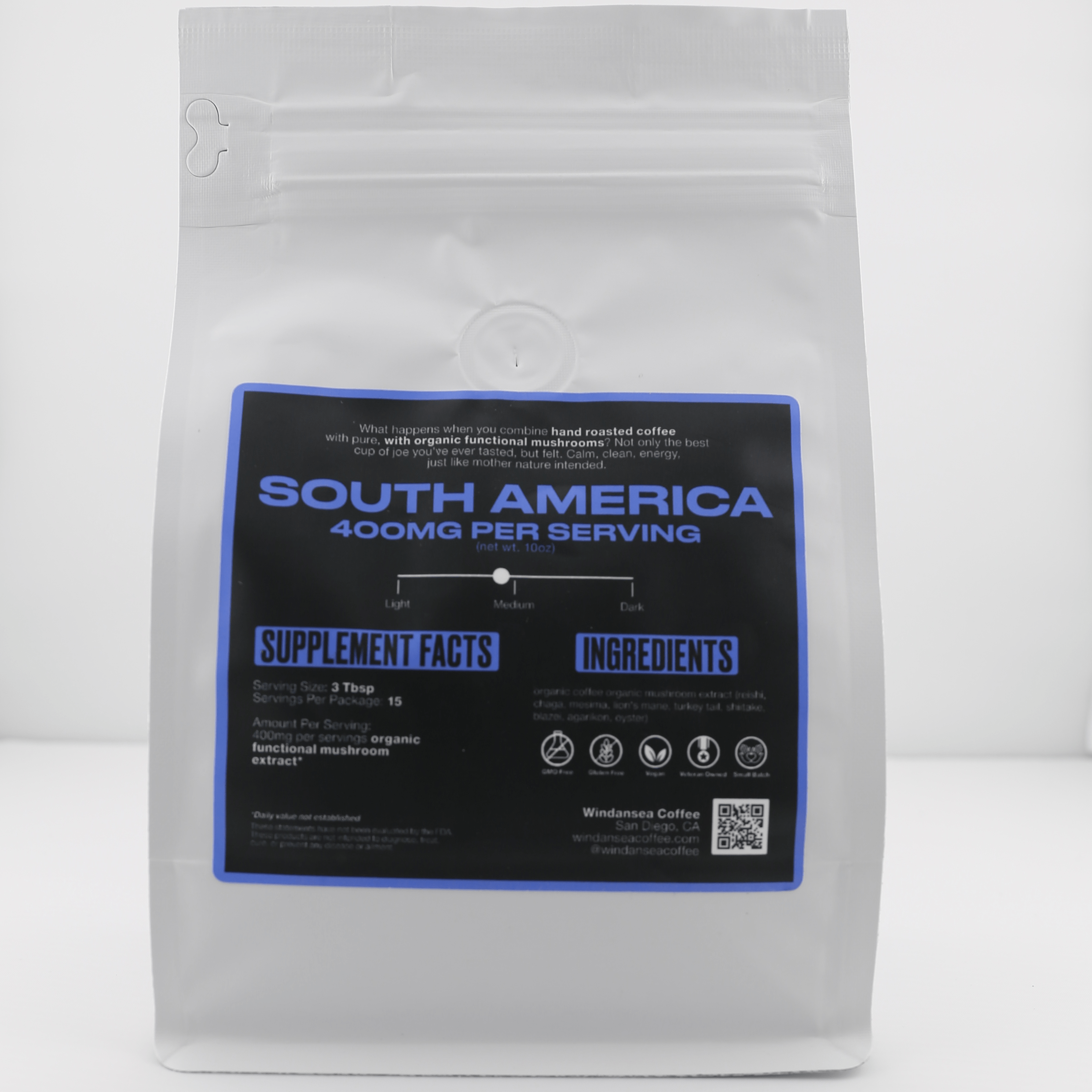 Punta Roca Light Roast Mushroom Infused Coffee, 400mg per serving, Serving size 3 tablespoons. 15 servings per package